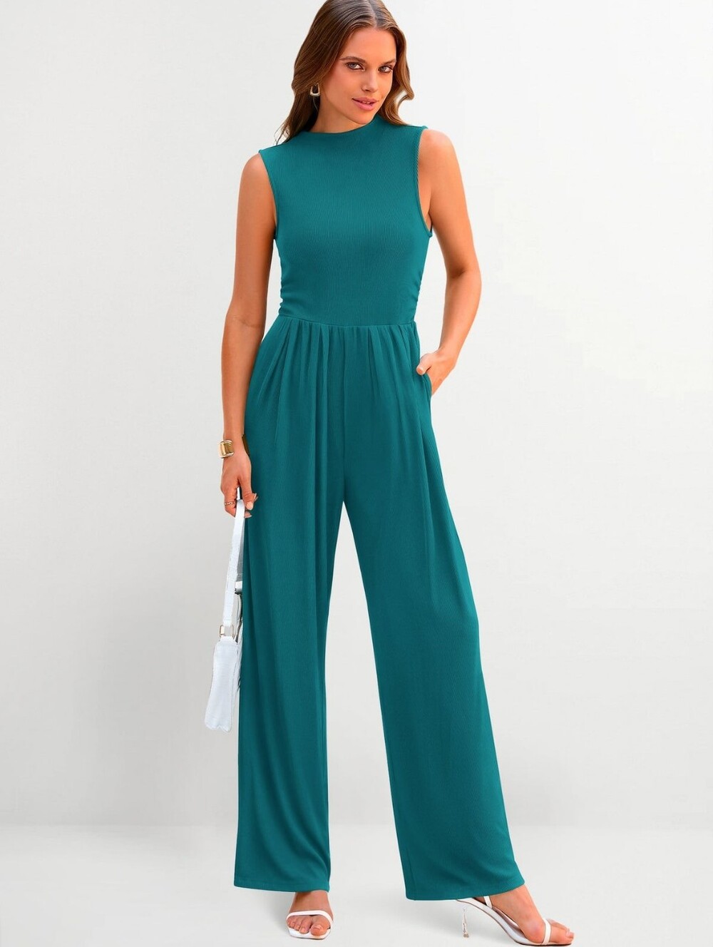 PRETTYGARDEN Teal Mockneck Sleeveless Back Zip Wide-leg Jumpsuit Pockets XXL NWT